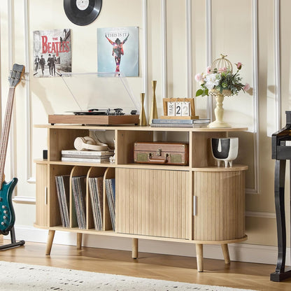 Large round Record Player Stand with Charging Station & Fluted Panel, Natural Mid Century Modern Turntable Cabinet with Vinyl Storage, Arched Wood Record Player Table for Living Room