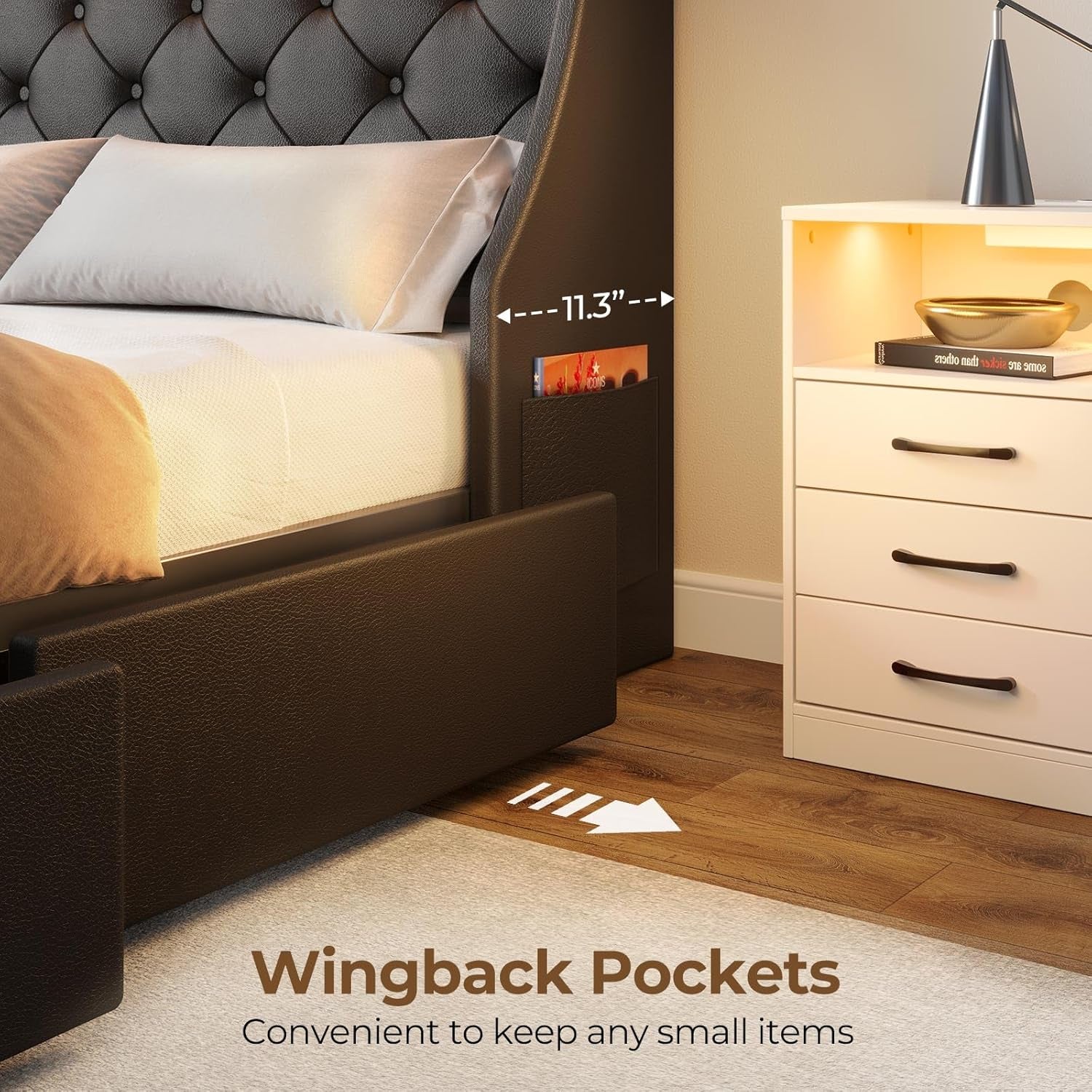 Full Bed Frame with LED Lights and Charging Station, PU Leather Bed with Drawers, Wooden Slats, Noise Free, Easy Assembly, Black