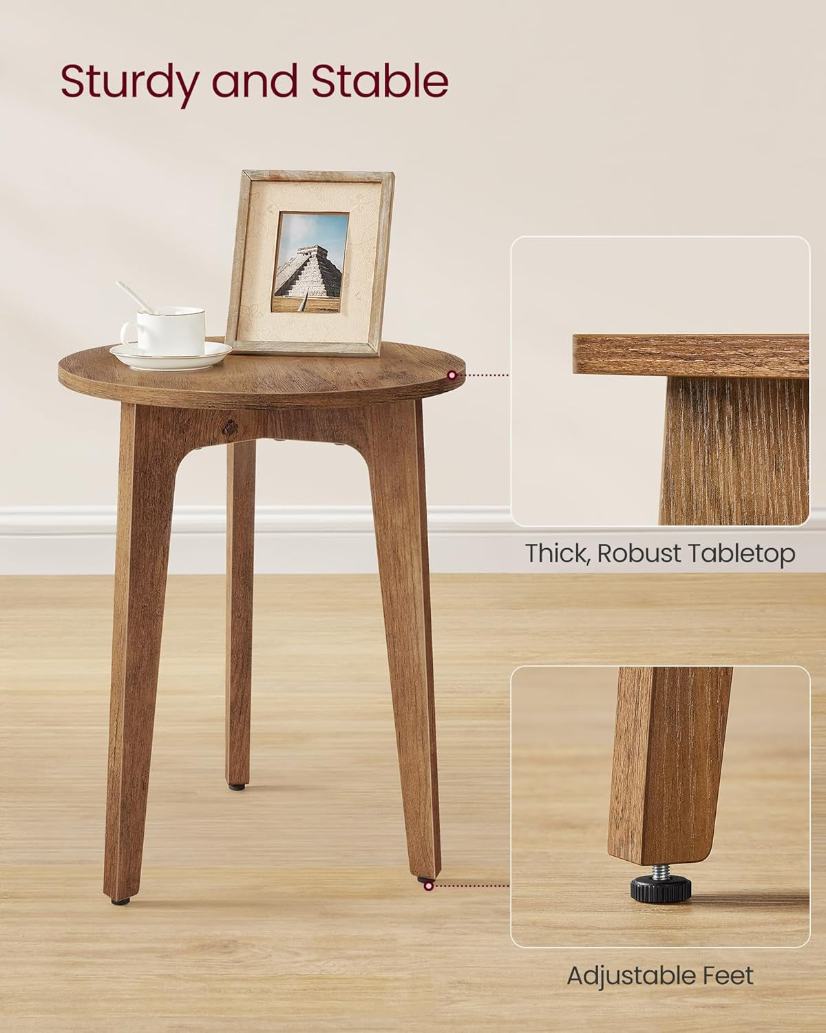 MAEZO Collection - Small Side Table, round End Table, Nightstand with Tapered Legs, Curved Transitions, for Small Spaces, Living Room, Bedroom, Honey Brown ULET237KB01S