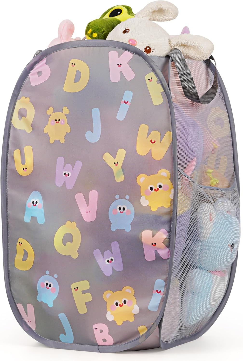 Collapsible Pop up Hamper for Baby Clothes or Toys Storage, Mesh Hamper with Handles & Side Pocket, Multi-Use Laundry Hamper & Toy Basket, Portable for Home, Travel, Dorm (Gray-Vertical)