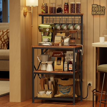Kitchen Bakers Rack with Power Outlet, Microwave Oven Stand with Storage 4 Tiers, Coffee Bar Table with 6 S Hooks, Kitchen Storage Shelf Rack for Spices, Pots, Rustic Brown