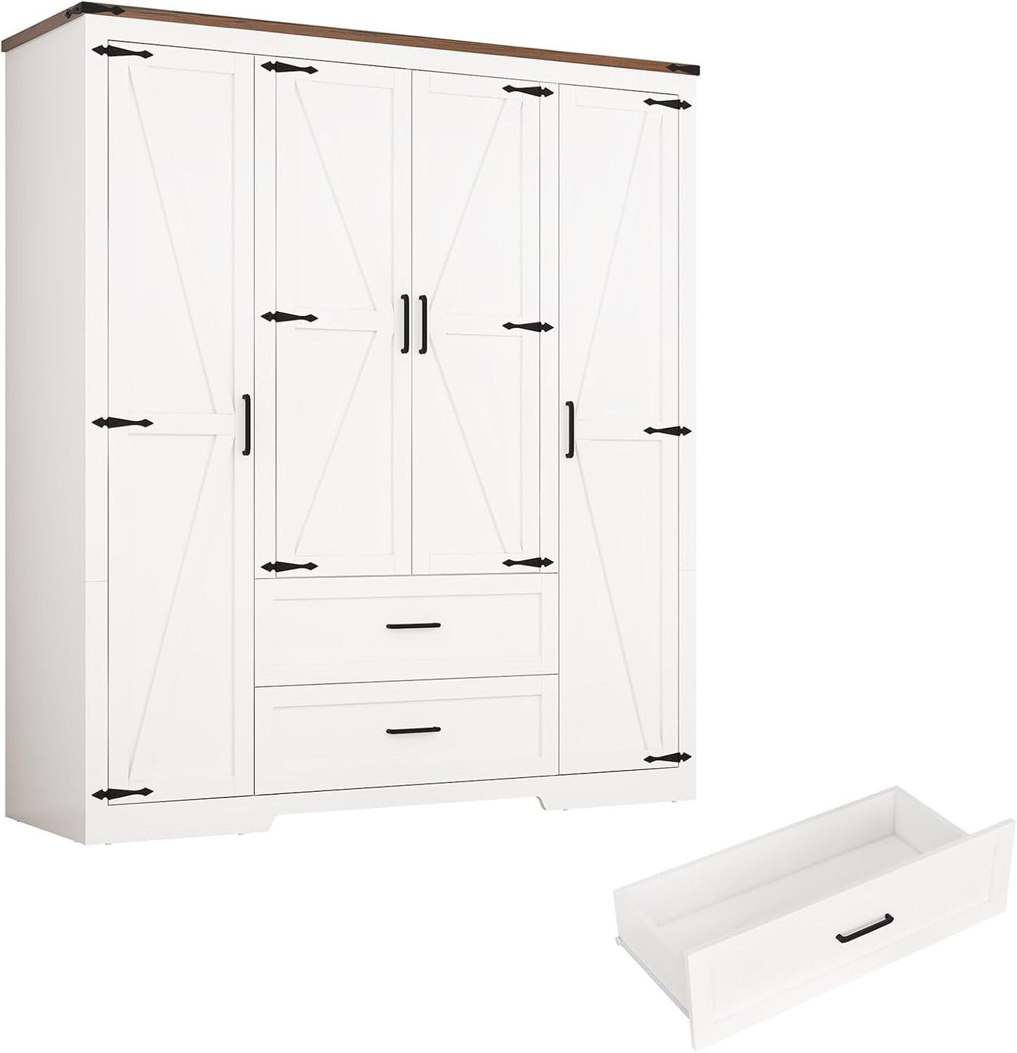 4 Doors Wardrobe Armoire Closet with Doors and Drawers, Farmhouse Wooden Armoire Storage Cabinet with Shelves & Hanging Rod for Bedroom, White