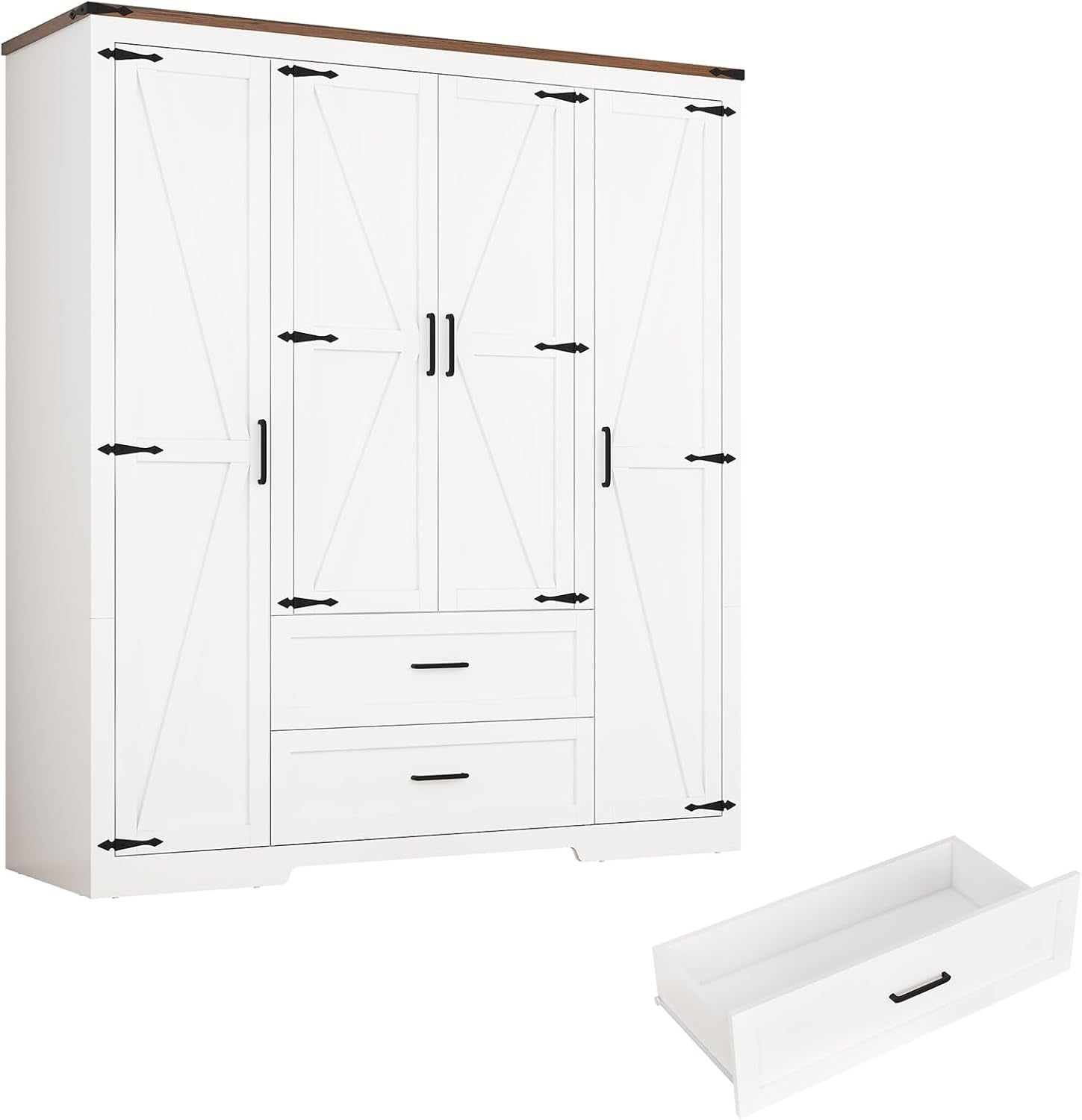 4 Doors Wardrobe Armoire Closet with Doors and Drawers, Farmhouse Wooden Armoire Storage Cabinet with Shelves & Hanging Rod for Bedroom, White