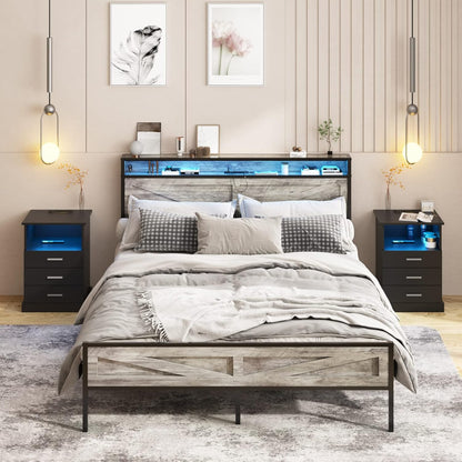 LED Full Size Bed Frame with Charging Station, Platform Metal Bed with Headboard Storage & USB Ports Outlets, Farmhouse Bed Frame with Lights for Bedroom, Noise Free, Wash Grey (Full)