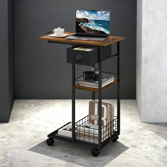 3-Tier Side Table with Wheels and 360° Rotation, C Table with Drawer, End Table for Couch, Space Saving Small Desk for Narrow Space, TV Tray, Vintage Bedside Table for Living Room, Bedroom