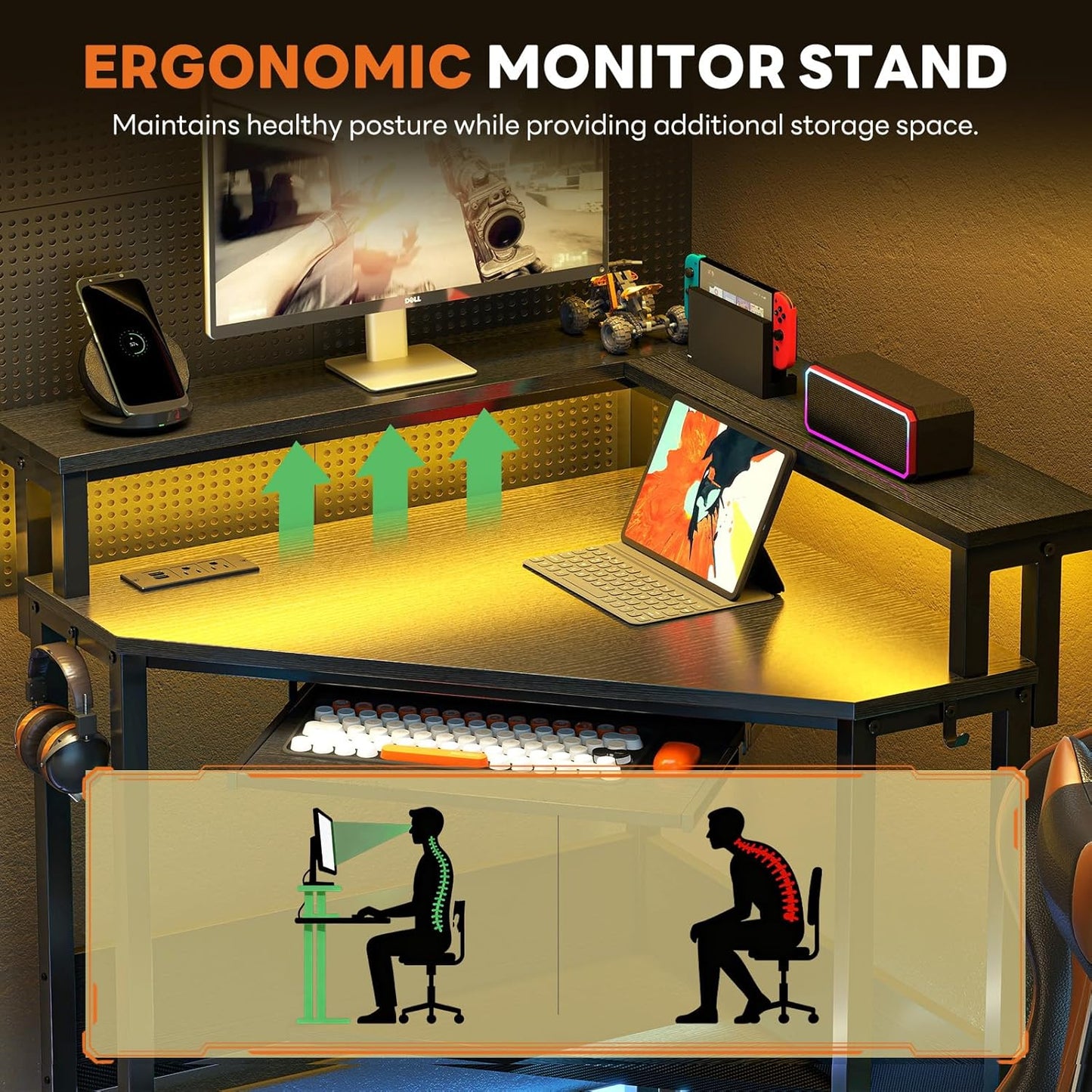 Conner Desk Home Office Computer Desk for Small Space with LED Lights Gaming Table with Storage Shelves Power Outlets Monitor Stand Keyboard Tray for Bedroom, Black