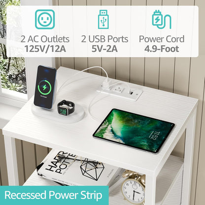 White Nightstand with Charging Station, LED Night Stand with 2 Fabric Drawers, Bedside Table with USB Ports and Outlets, Nightstand for Bedroom Modern