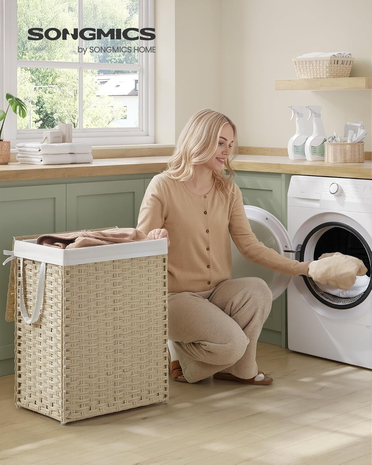 Laundry Hamper with Lid, 23.8 Gallon (90L) Synthetic Rattan Clothes Laundry Basket with Lid and Handles, Foldable, Removable Liner, Summer Sand ULCB051LZ01