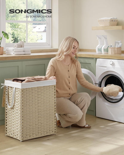 Laundry Hamper with Lid, 23.8 Gallon (90L) Synthetic Rattan Clothes Laundry Basket with Lid and Handles, Foldable, Removable Liner, Summer Sand ULCB051LZ01