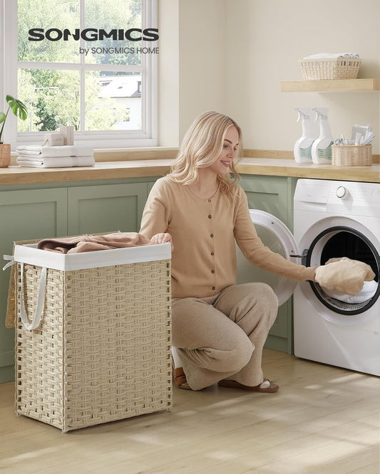 Laundry Hamper with Lid, 23.8 Gallon (90L) Synthetic Rattan Clothes Laundry Basket with Lid and Handles, Foldable, Removable Liner, Summer Sand ULCB051LZ01
