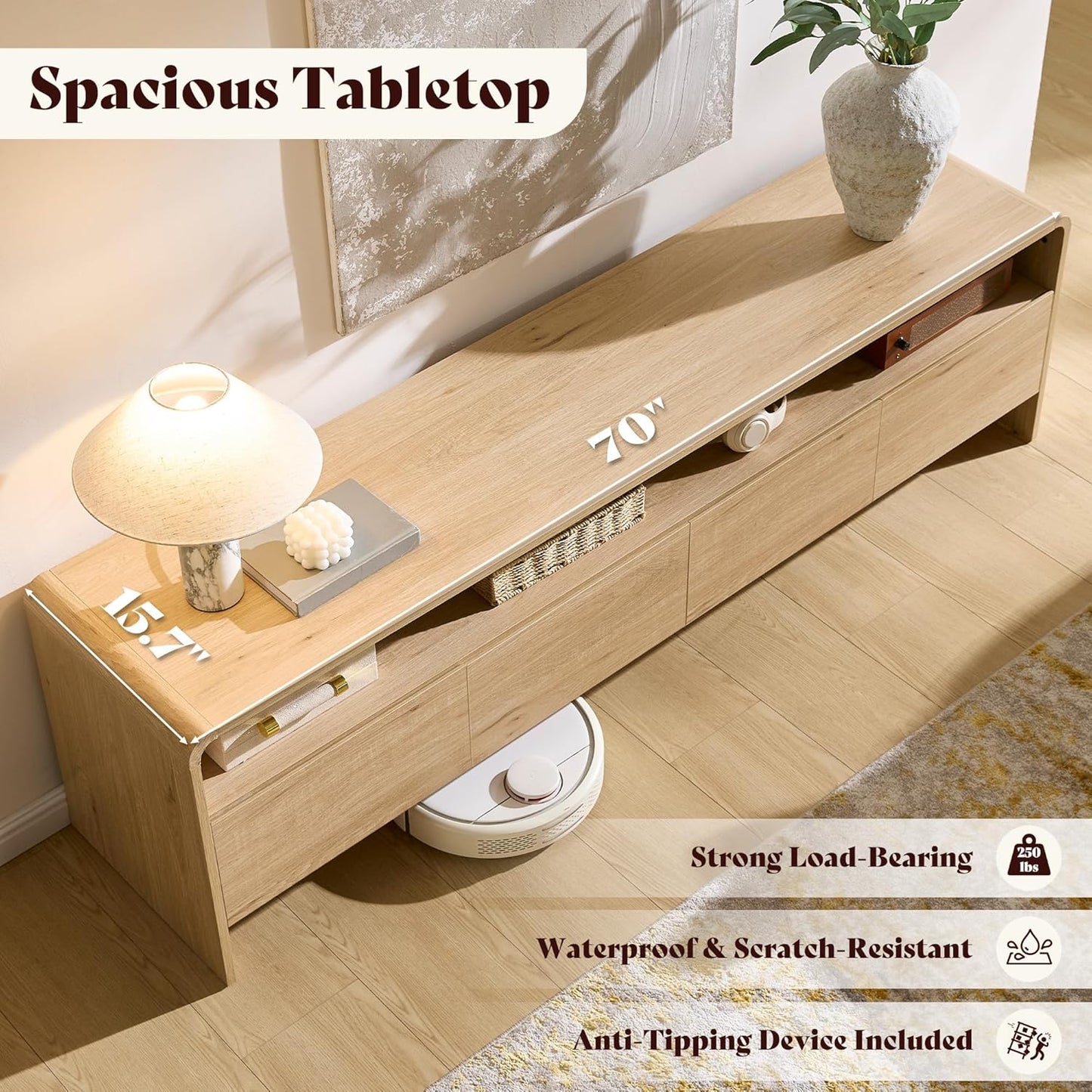 70" Modern TV Stand for Tvs up to 80", Wood TV Console with Curved Profile Design & 2 Storage Cabinets, Media Console Entertainment Center for Living Room, Natural Oak