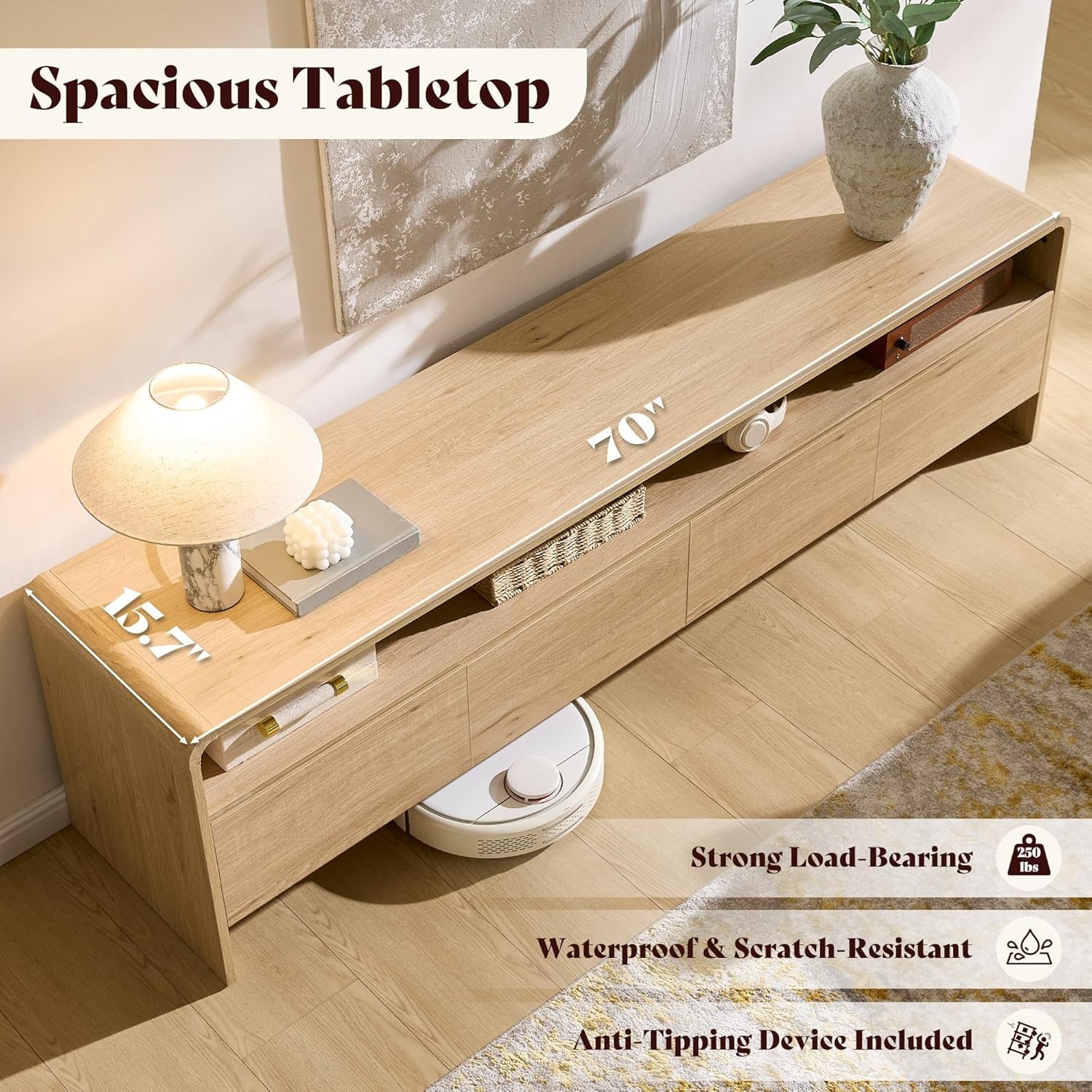 70" Modern TV Stand for Tvs up to 80", Wood TV Console with Curved Profile Design & 2 Storage Cabinets, Media Console Entertainment Center for Living Room, Natural Oak