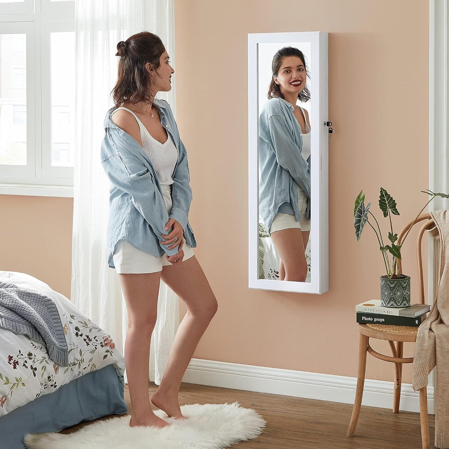 6 Leds Mirror Jewelry Cabinet, 47.2-Inch Tall Lockable Wall or Door Mounted Jewelry Armoire Organizer with Mirror, 2 Drawers, 3.9 X 14.6 X 47.2 Inches, White UJJC93W