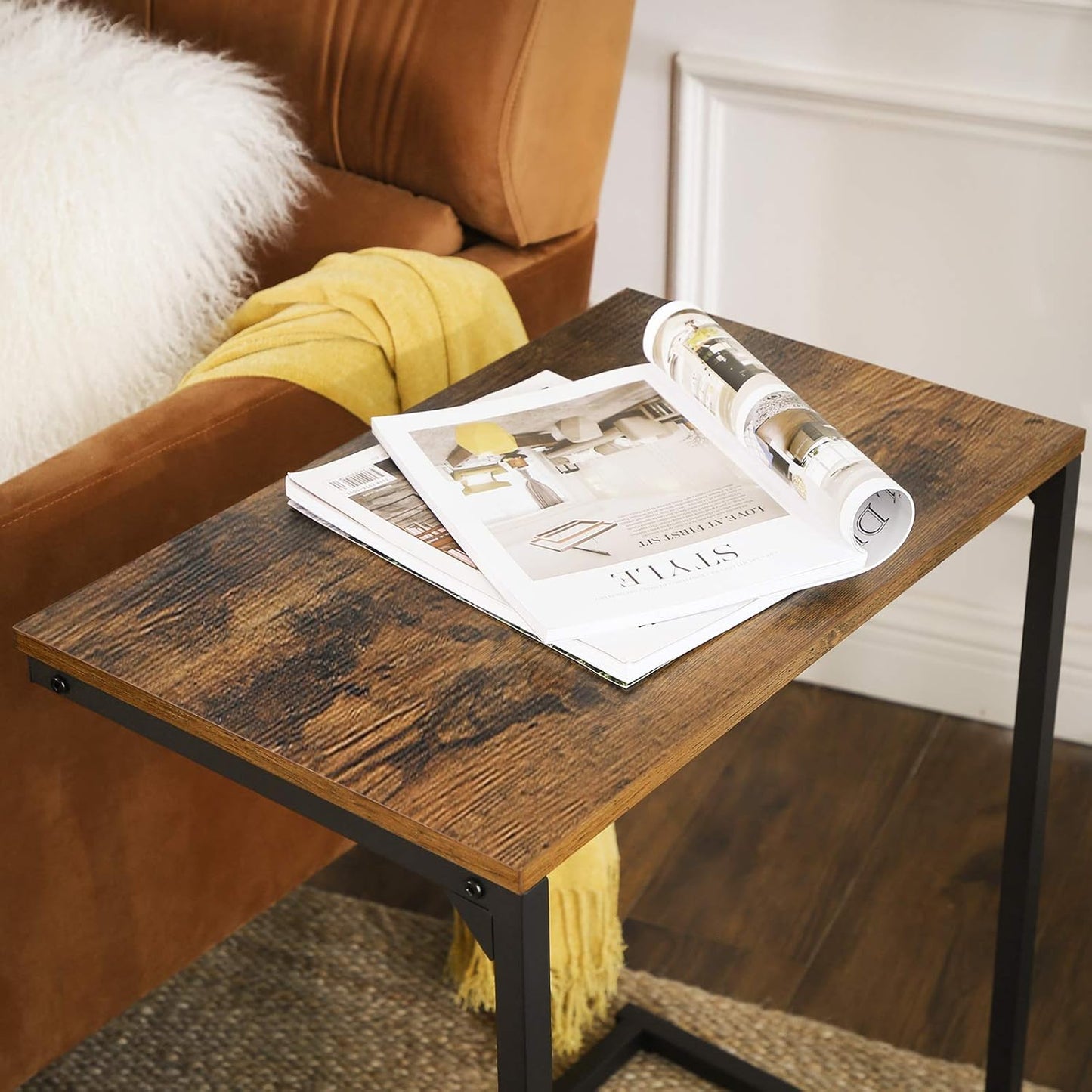 C Shape End Table, Small Coffee Table for Couch or Sofa, Industrial Side Table in Living Room, Bedroom, 13.8 X 21.7 X 26 Inches, Rustic Brown and Black ULNT52BX