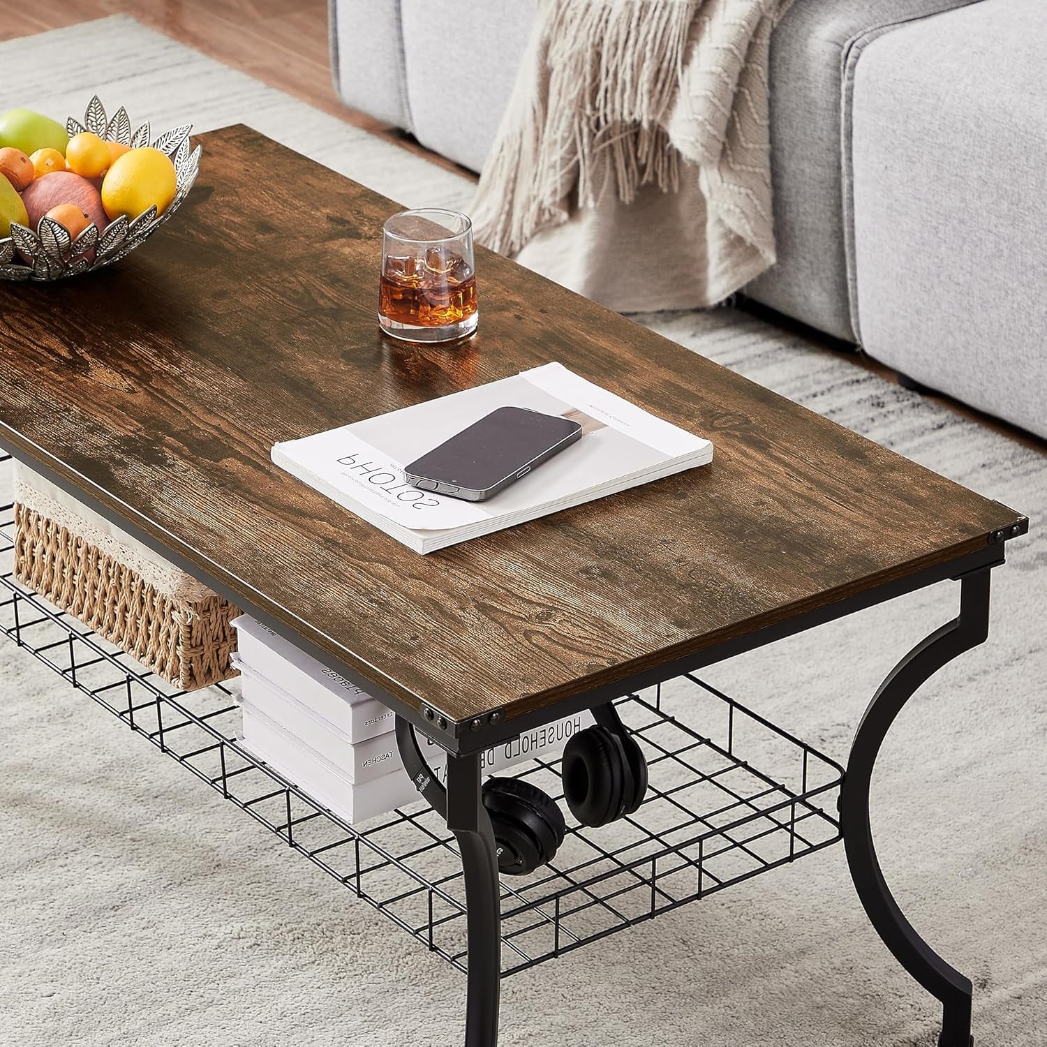 3 Pieces Living Room Table Sets, Coffee and End Tables with Open Storage Shelves for Apartment, Home Office, Small Space, Easy Assembly, Brown