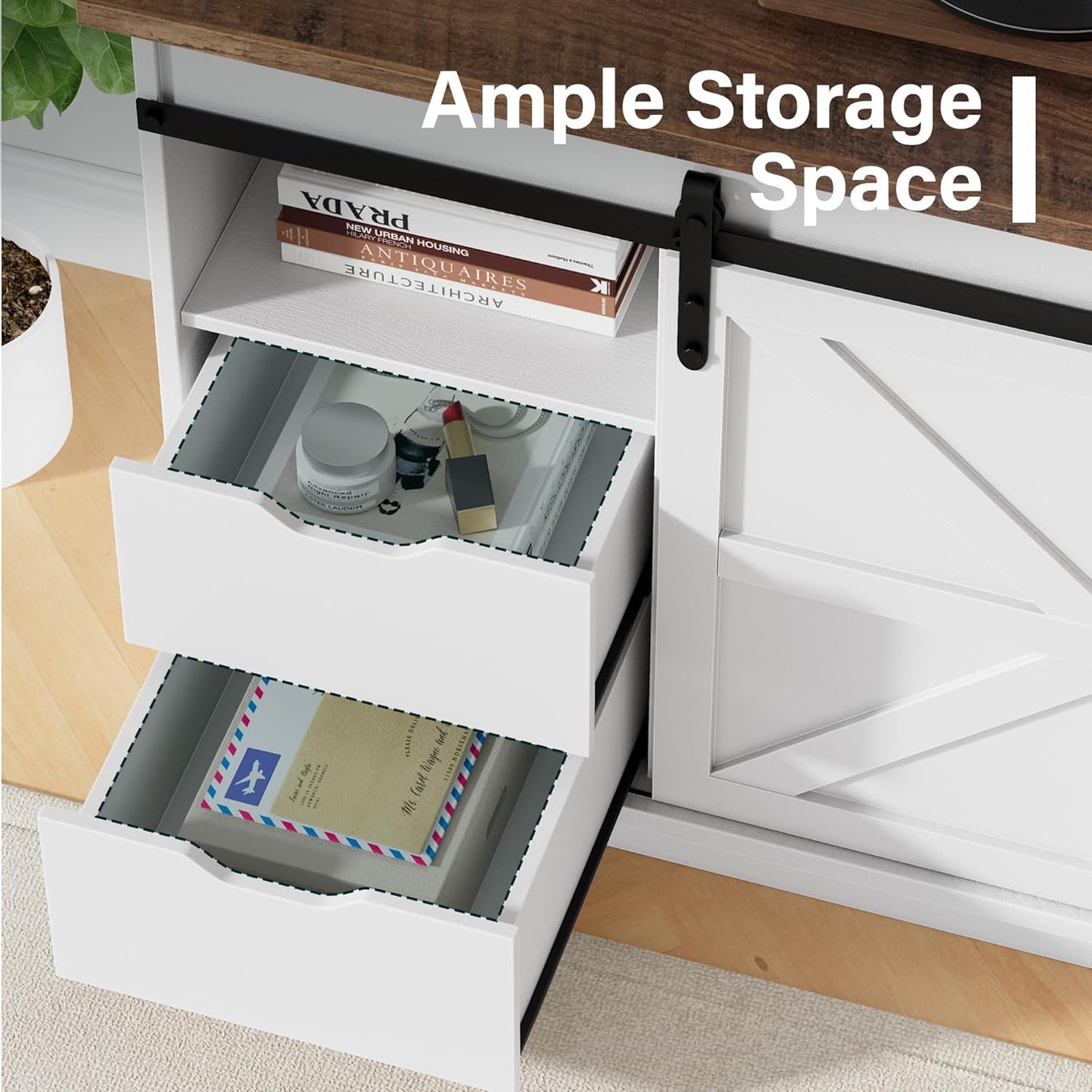 TV Stand with 4 Drawers for 65 Inch TV, Entertainment Center with Storage Cabinets and Sliding Barn Doors, Mid Century Modern Media TV Console Table for Living Room Bedroom (Bright White)