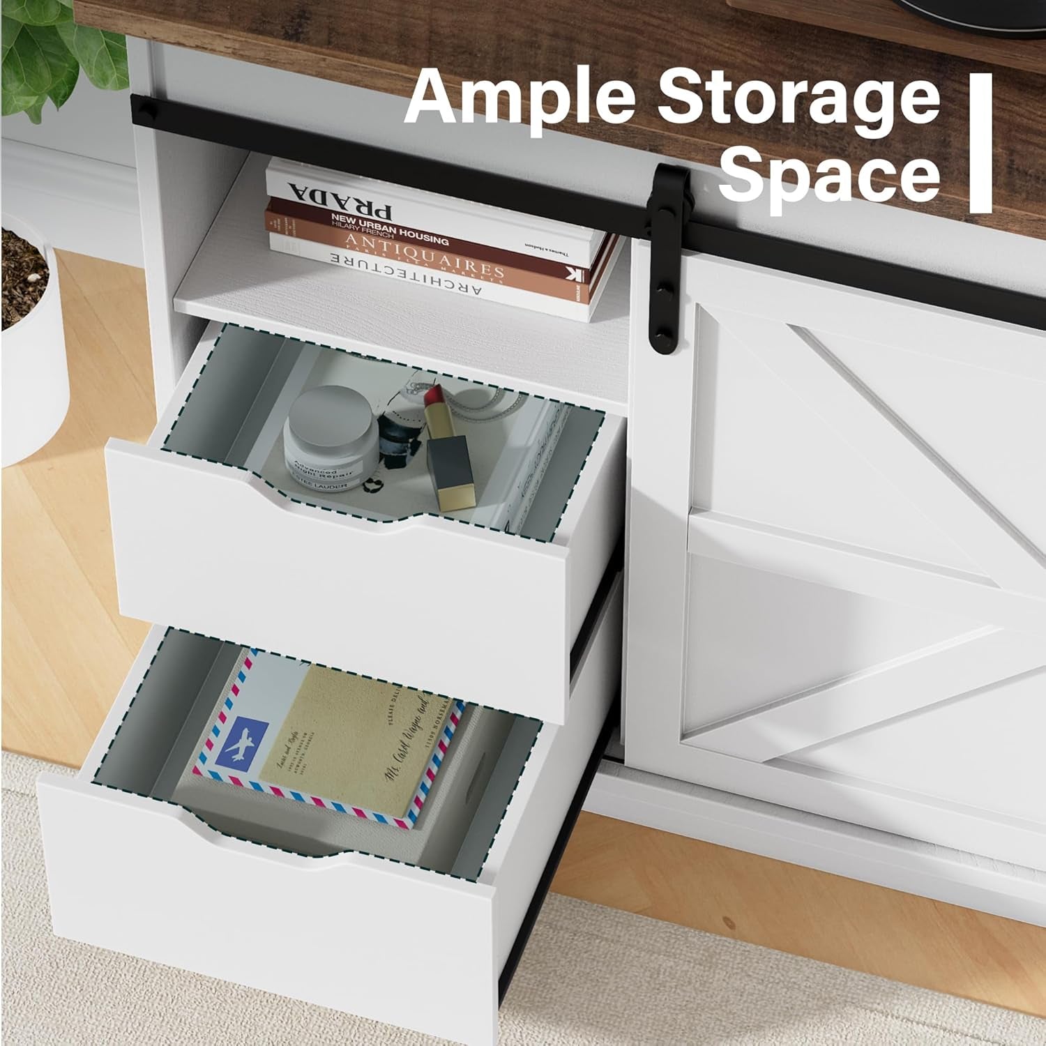 TV Stand with 4 Drawers for 65 Inch TV, Entertainment Center with Storage Cabinets and Sliding Barn Doors, Mid Century Modern Media TV Console Table for Living Room Bedroom (Bright White)