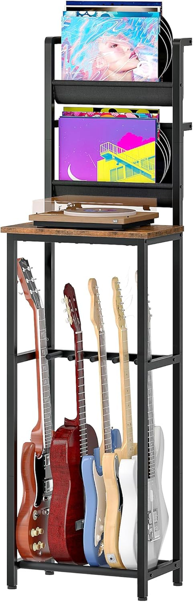 70.5"H Multi Guitar Stand, Guitar Rack Record Player Stand Sturdy and Space-Saving, Guitar Display Holds 6 Instruments, Retro Industrial Style, for Home, Studio, Rustic Brown and Black TCJ18BF