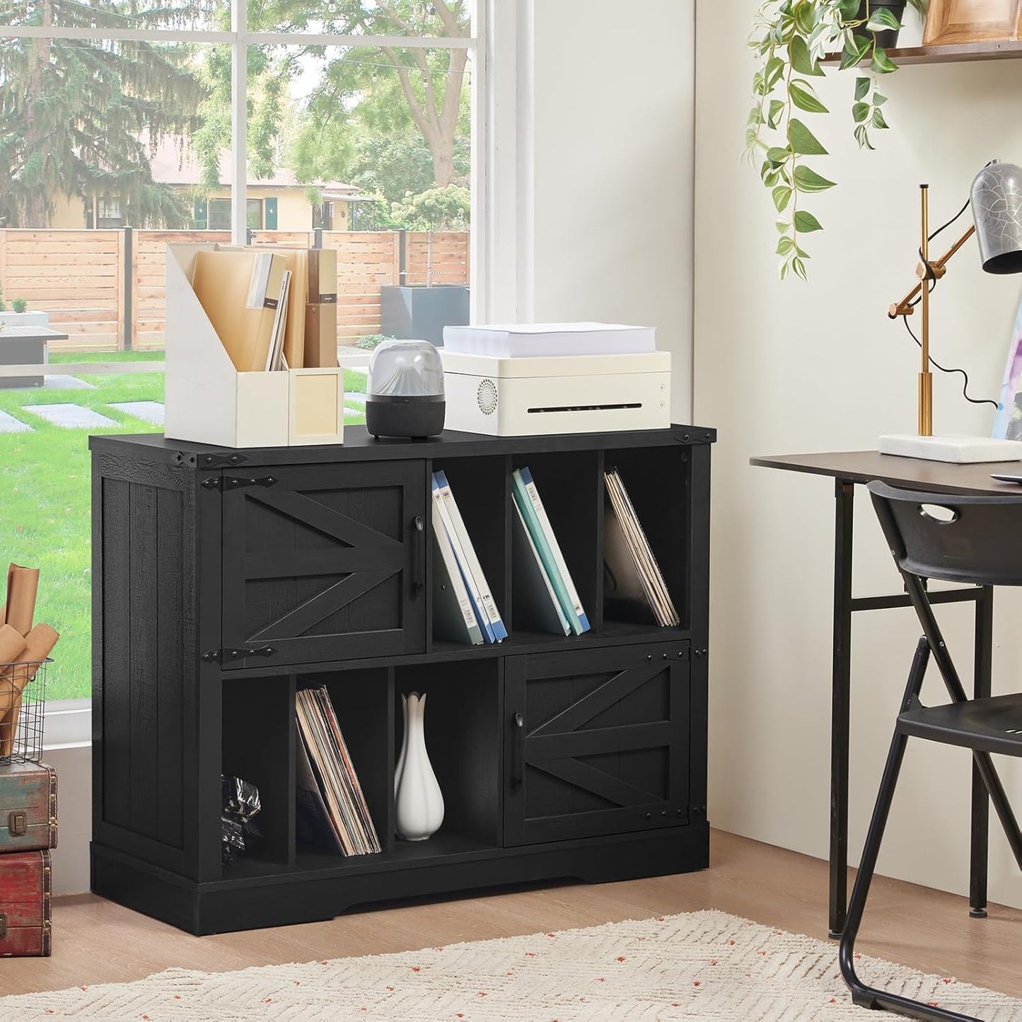 Large Record Player Stand with Vinyl Storage up to 450 Albums, 39 Inch Farmhouse Wood Black Vinyl Records Storage Cabinet with Barn Doors, Mid-Century Modern Turntable Stand for Living Room