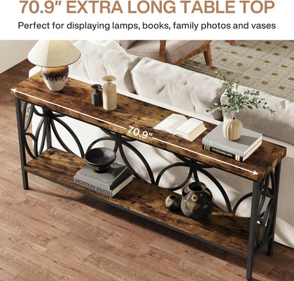 70.9-Inch Narrow Sofa Table, Industrial Long Sofa Table behind Couch, Entry Console Table with Storage for Entryway, Living Room, Foyer, Unique Design, Rustic Brown | Narrow, Industrial, Long, Entry Console Table, with Storage
