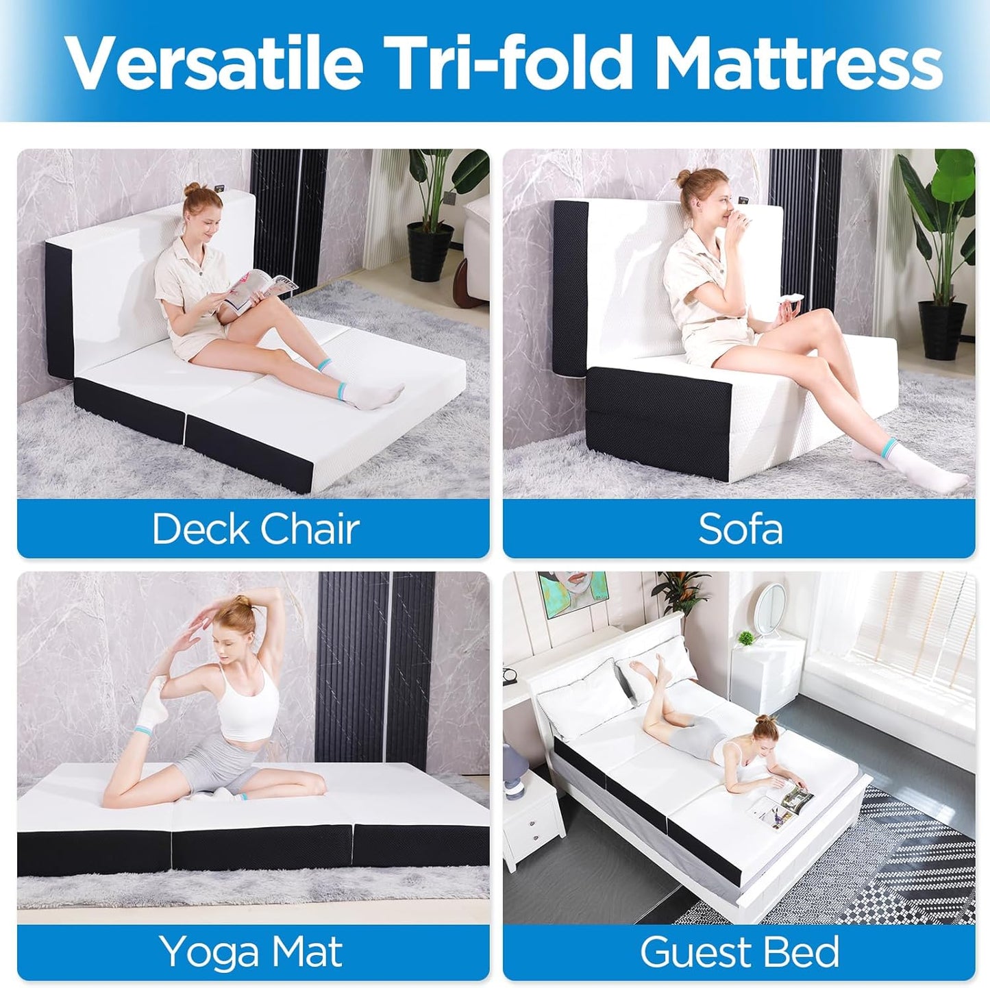 Folding Mattress Queen Size,6 Inch Tri-Fold Memory Foam Mattress Topper with Washable Cover, Non-Slip Bottom Guest Bed Queen Size, 78" X 58" X 6"