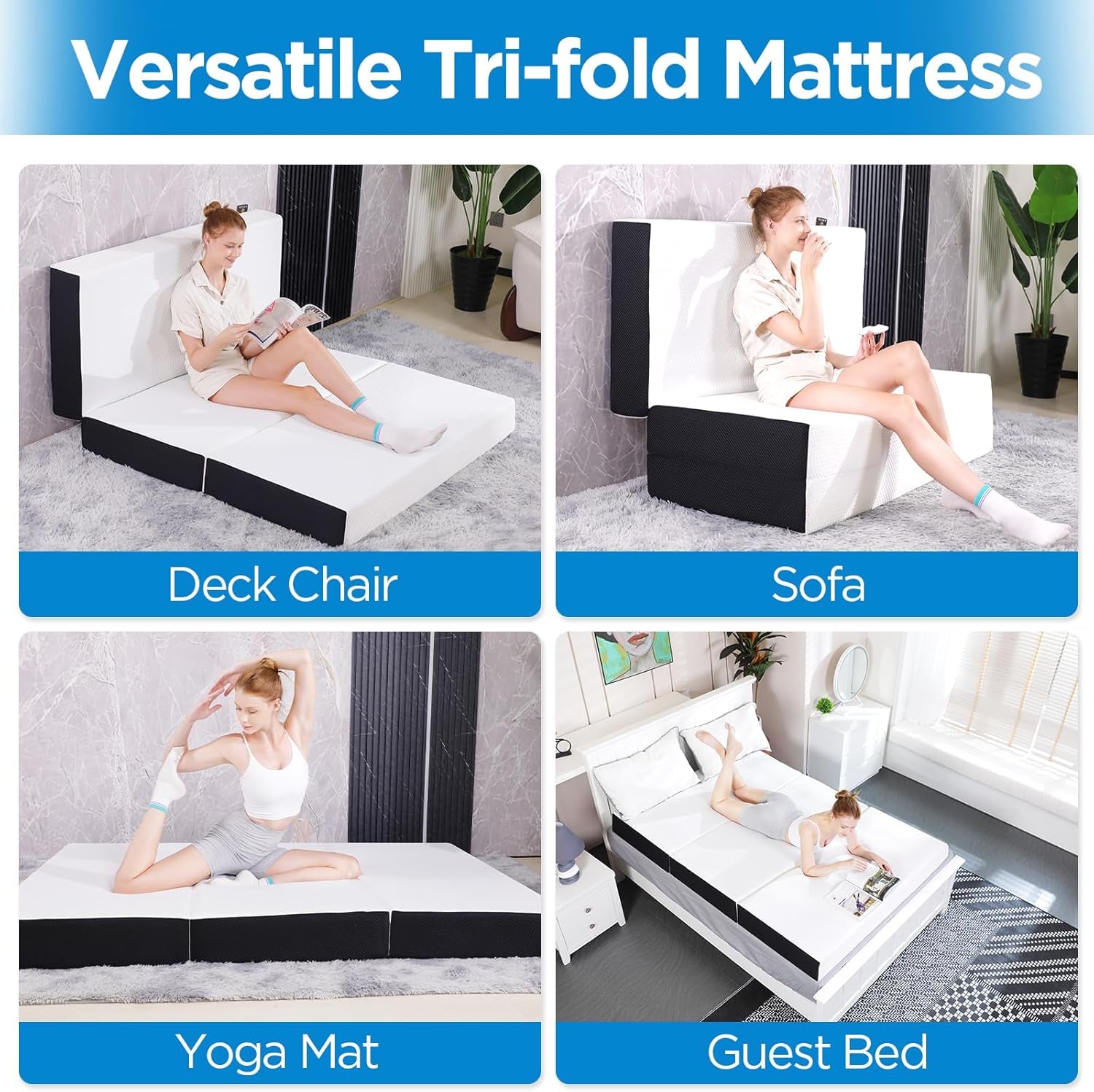 Folding Mattress Queen Size,6 Inch Tri-Fold Memory Foam Mattress Topper with Washable Cover, Non-Slip Bottom Guest Bed Queen Size, 78" X 58" X 6"