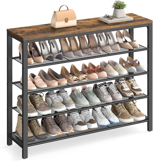 Shoe Rack, 5-Tier Shoe Storage Organizer with 4 Metal Mesh Shelves for 16-20 Pairs and Large Surface for Bags, for Entryway, Hallway, Closet, Industrial, Rustic Brown and Black ULBS15BX