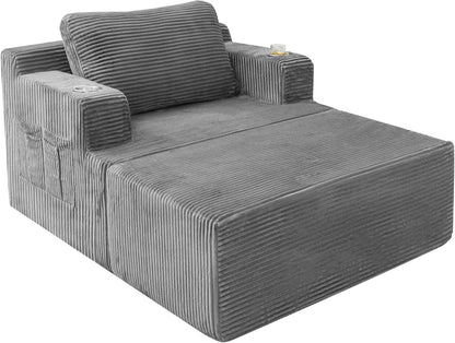 Oversized Chaise Lounge Chair, Cloud Couch with Fluffy Upholstered, Deep Seat Sleeper Sofa Bed with Two Cup Holders, Comfy Boneless Couch No Assembly Required for Living Room, Apartment (Grey)