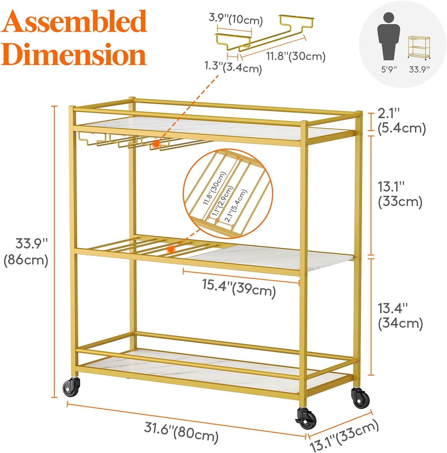 Bar Cart Gold, 3 Tier Wine Rolling Cart with Lockable Wheels, 12 Glass Holders and 4 Wine Rack, Home Serving Drink Liquor Cart for Kitchen Dining Living Room, 31.6" X 13.1" X 33.9", Gold