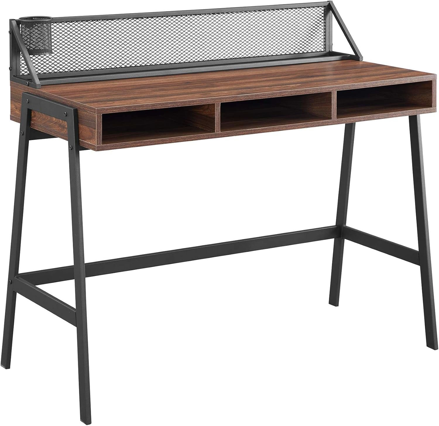 Industrial Mesh Wood Laptop Computer Writing Desk Home Office Workstation Small, 42 Inch, Dark Walnut