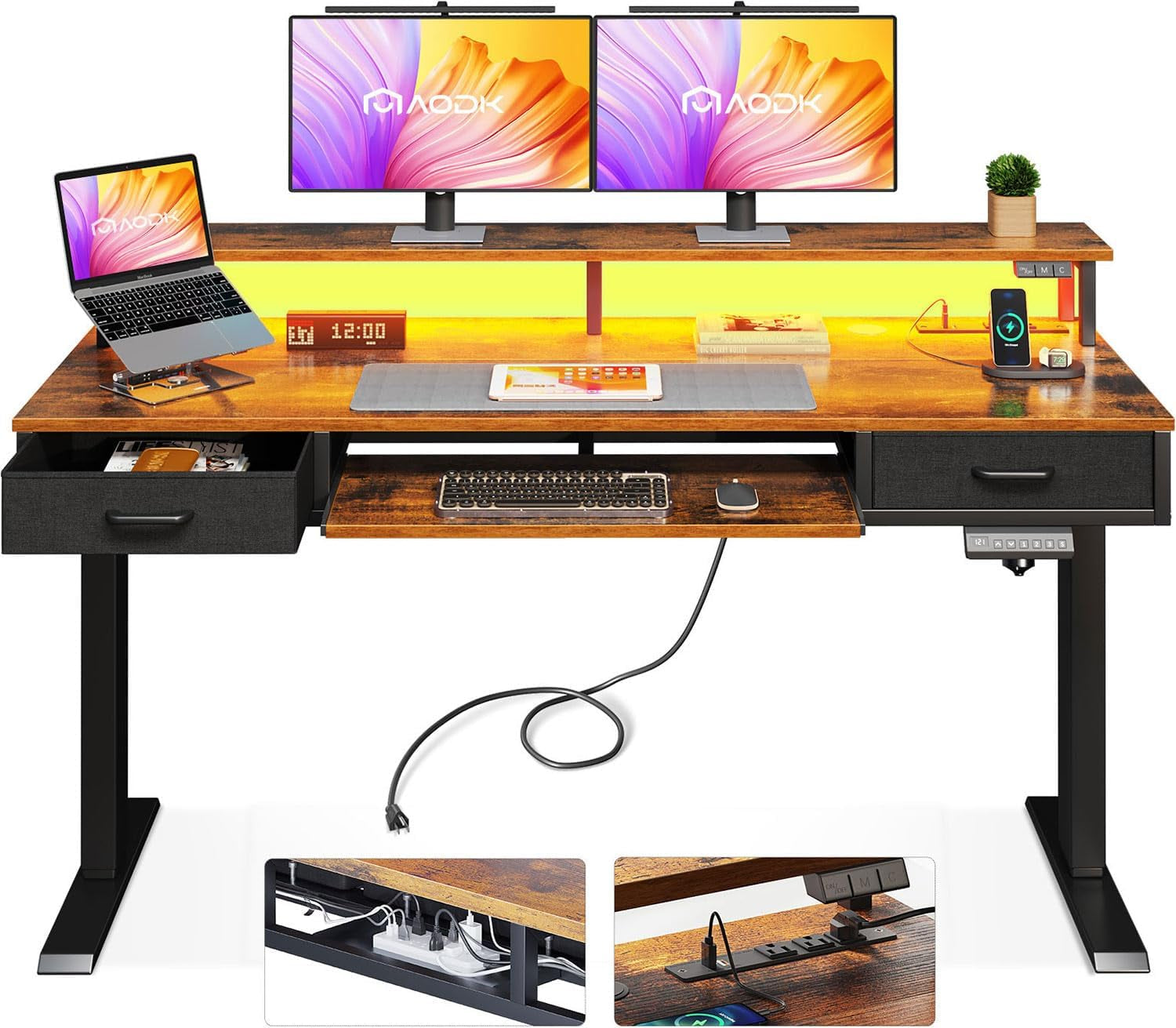 Electric Standing Desk with Drawers & Keyboard Tray, 55 Inch Height Adjustable Gaming Desk with Power Outlets & LED Lights, Sit Stand Table with Monitor Stand for Home, Office, Rustic Brown
