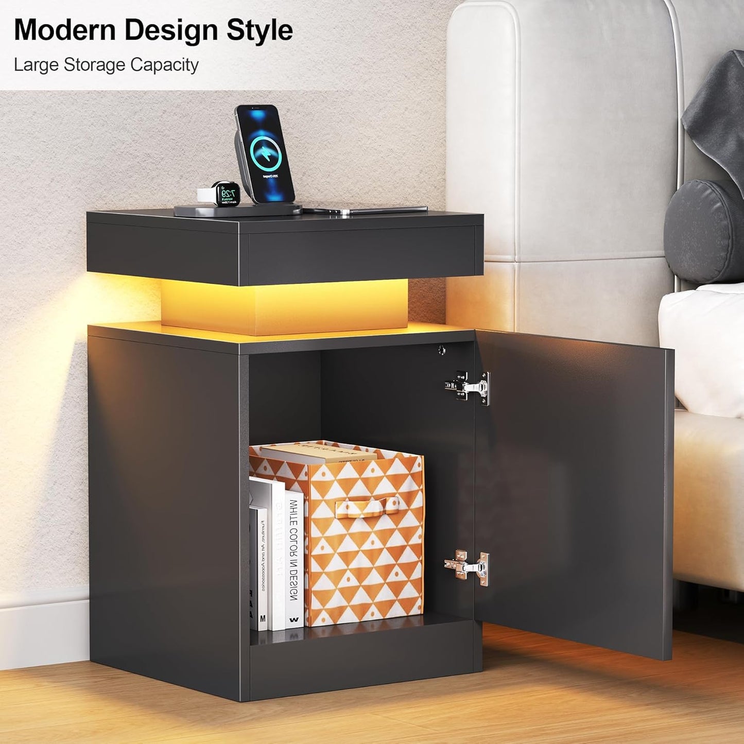 Nightstand Set of 2 with LED Lights,Night Stand with Storage Cabinet for Bedroom,Bedside Table with LED (Black, 15" / Set of 2)