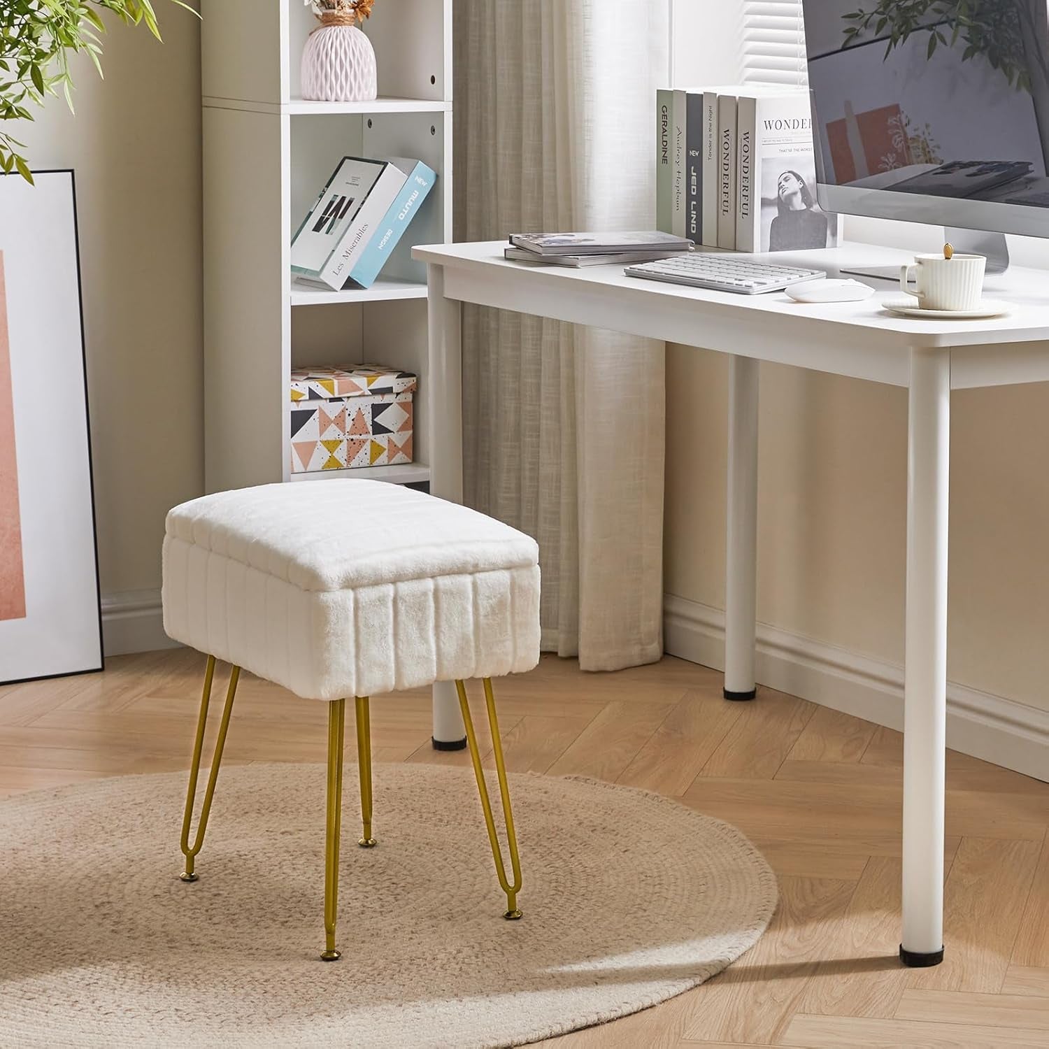 Stool Chair with Storage Space, Footrest Footstool Ottoman, Small Side Table, with 4 Metal Legs, with Anti-Slip Feet, for Makeup Room, Bedroom, White, Faux Fur LG-50W