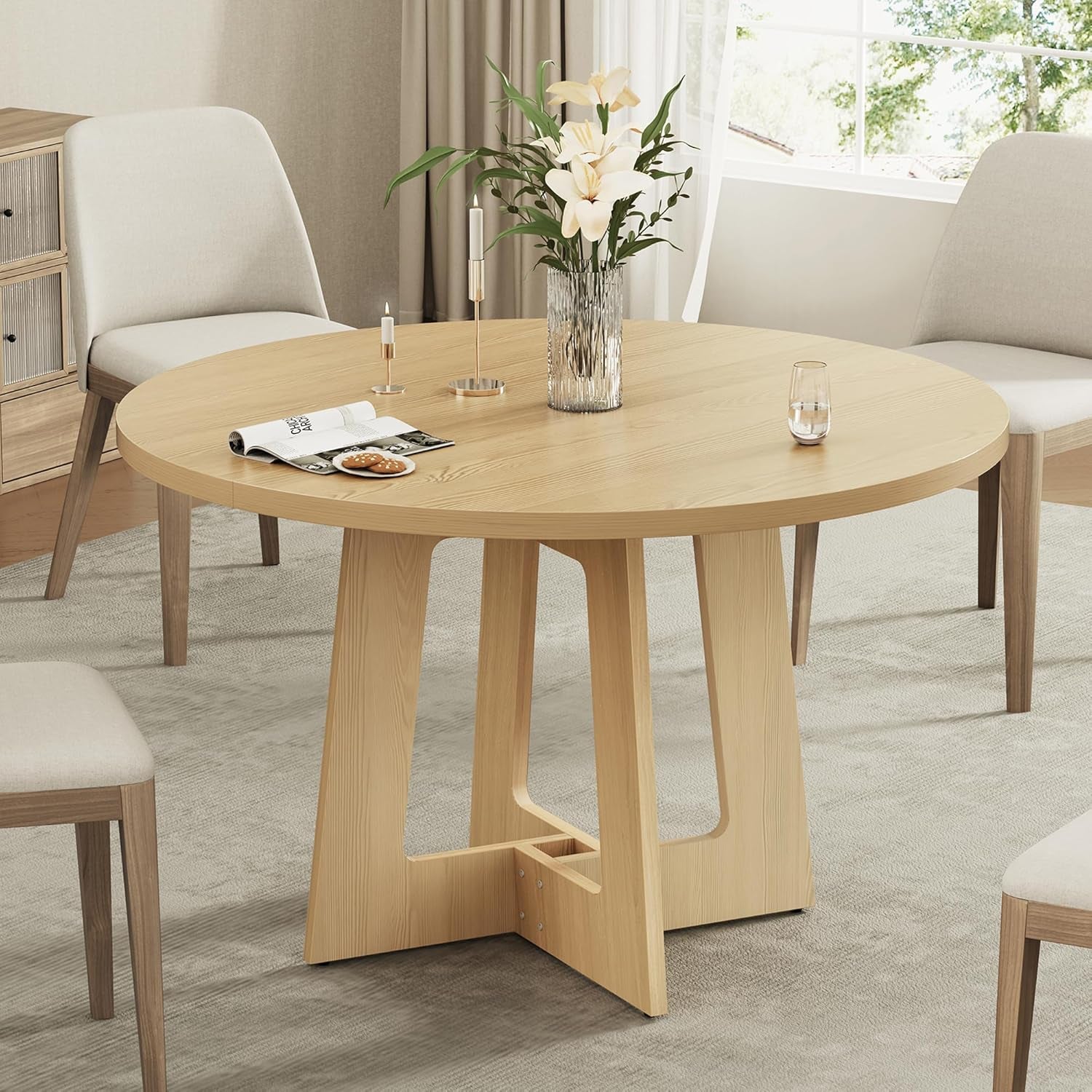 Round Dining Table for 4, Farmhouse Kitchen Table, Wooden Circle Table, 300Lb Capacity & Easy Assembly for Home Dining Room Kitchen Living Room (Natural Oak)