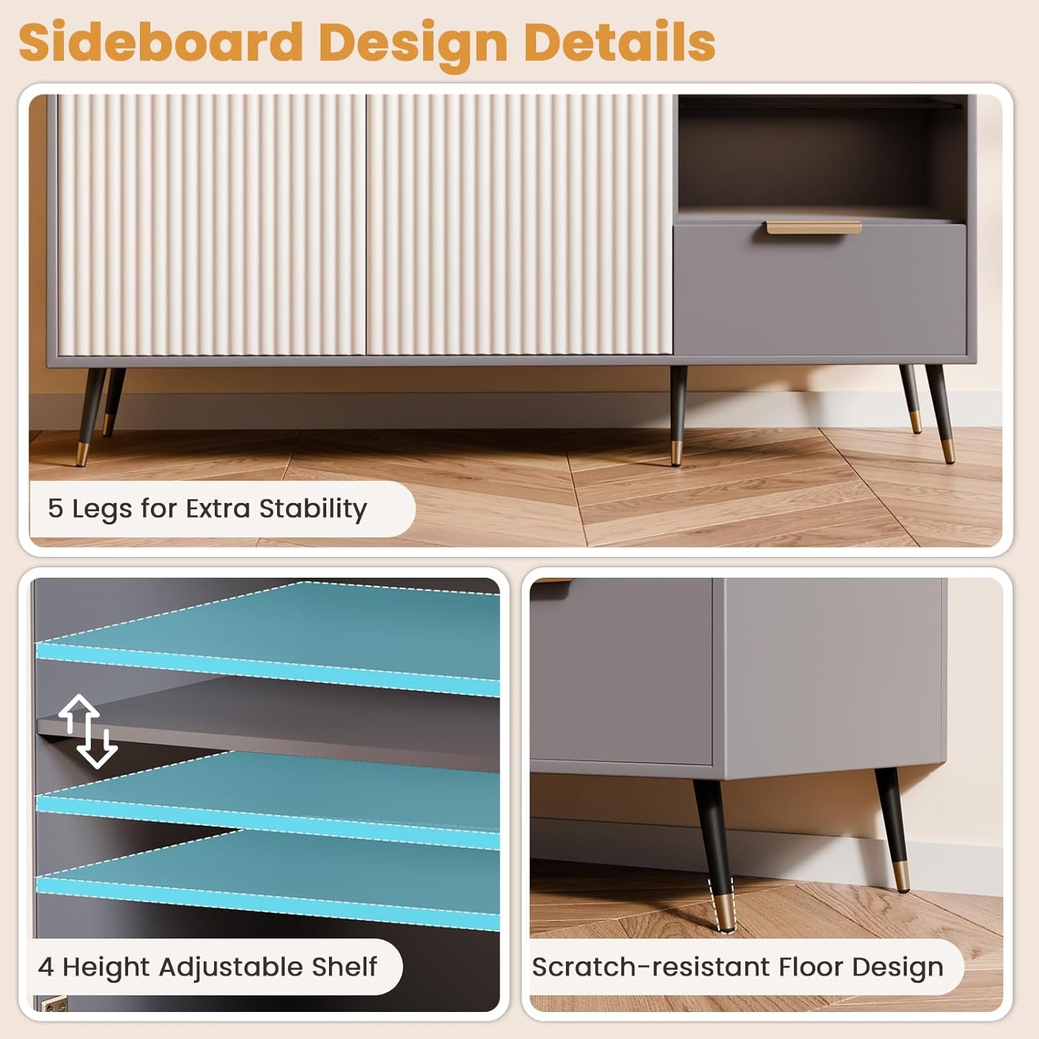 47" Wide Fluted Sideboard Cabinet with 2 Doors and Drawer, Sideboard Buffet Cabinet with Storage, Coffee Bar for Kitchen, Living Room, Entryway, 47.2" Wx15.7 Dx31.5 H,Grey