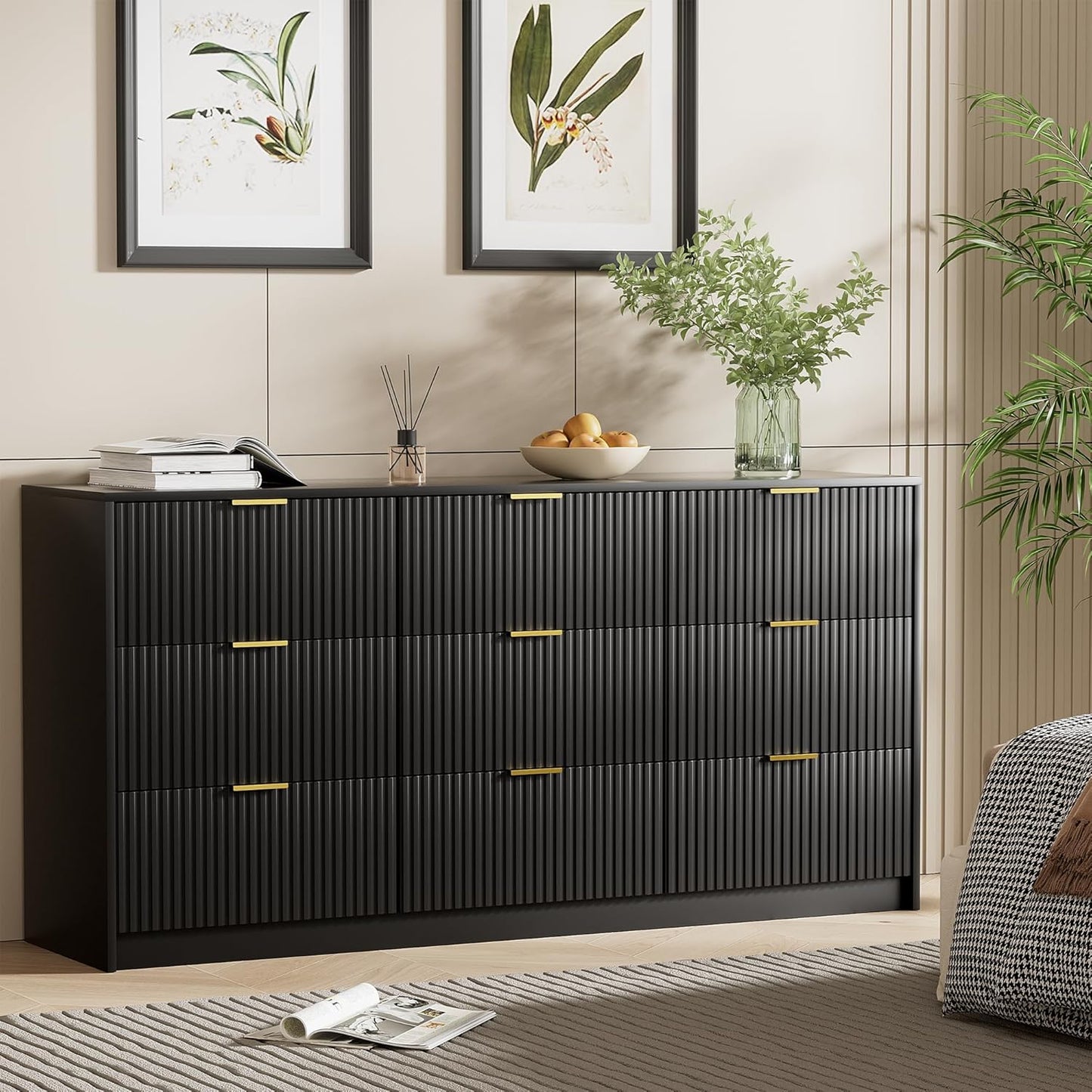 Black Dresser for Bedroom, Modern Dresser with 9 Drawers and Smooth Slides, Wide Chest of Drawers with Golden Handles for Bedroom, Living Room, Closet, 15.7" D X 63" W X 31.5" H