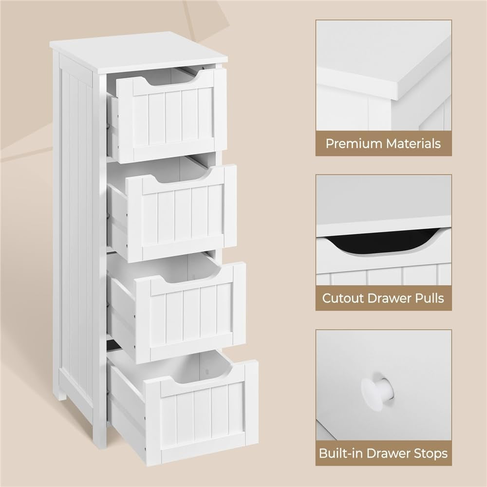 Bathroom Floor Cabinet, Wooden Side Storage Organizer, 4 Drawers Free-Standing Cabinet for Bathroom/Hallway/Living Room, White