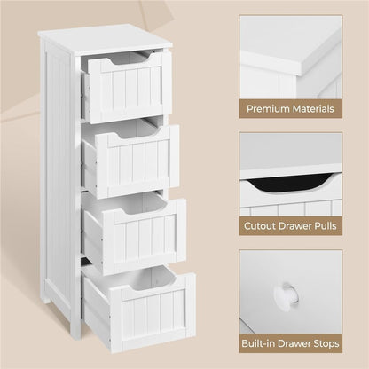 Bathroom Floor Cabinet, Wooden Side Storage Organizer, 4 Drawers Free-Standing Cabinet for Bathroom/Hallway/Living Room, White