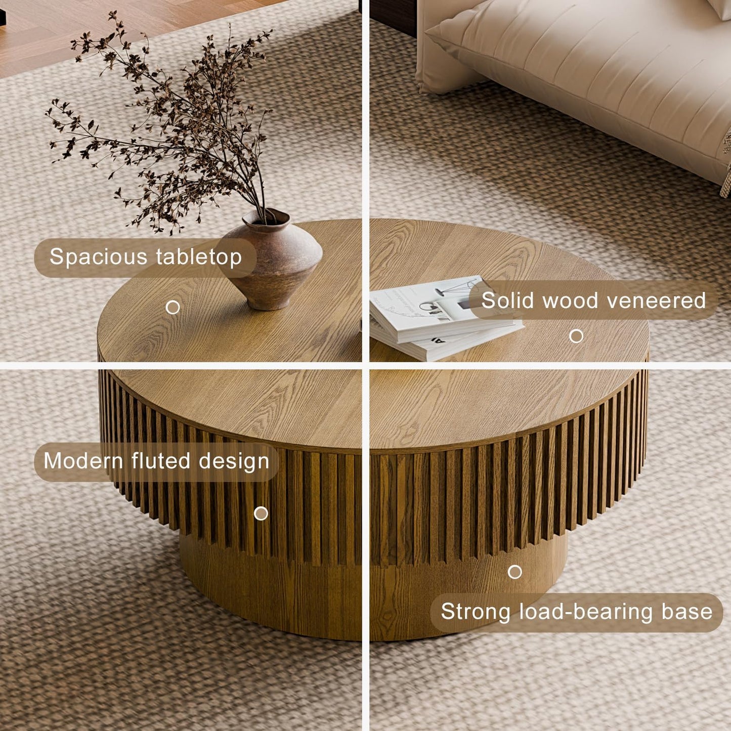 Round Coffee Table with Storage, Modern Wooden Coffee Table with Solid Wood Veneered, Circle Center Table Accent Tea Table for Living Room Apartment Small Space (31.5''L × 31.5''W × 14''H, Brown)