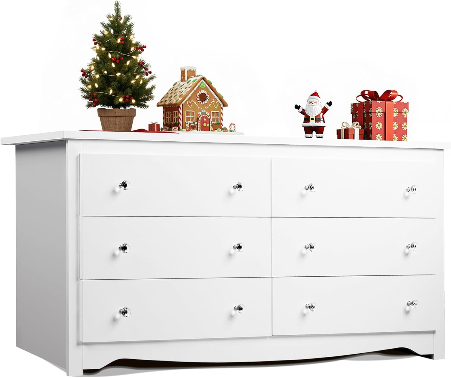 White Dresser with 6 Drawers, 59“ Wide Wooden Chest of Drawers for Bedroom, Modern Dresser Closet Storage Organizer for Living Room Hallway
