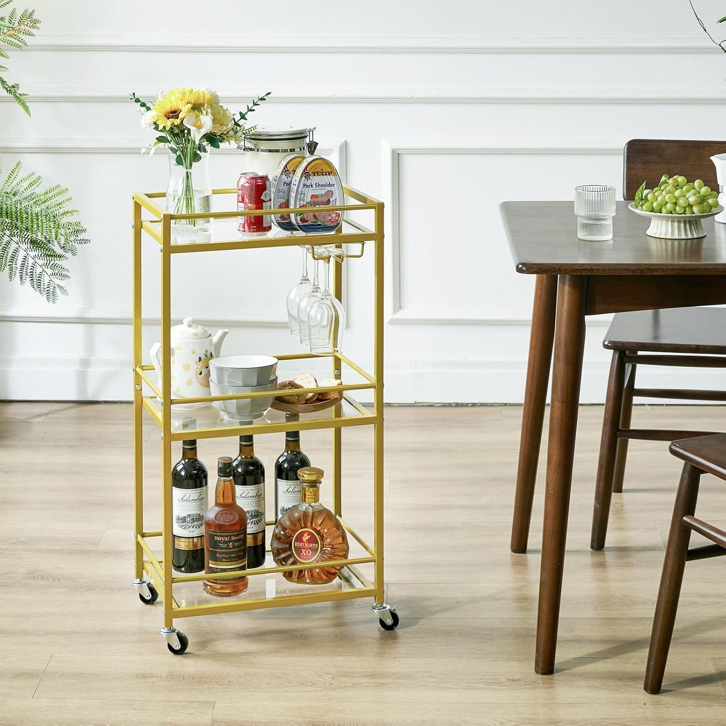 Home Bar Serving Cart,Small Bar Cart with 3-Tier Glass Shelf, Mobile Drink Shelf with Wine Holders and Glass Holders,Mini Bar for Outdoor, Small Space, Kitchen Gold TMJ519G