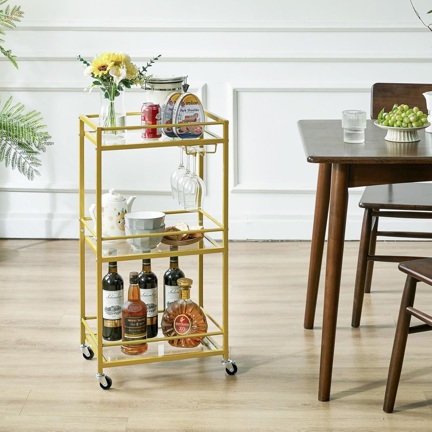 Home Bar Serving Cart,Small Bar Cart with 3-Tier Glass Shelf, Mobile Drink Shelf with Wine Holders and Glass Holders,Mini Bar for Outdoor, Small Space, Kitchen Gold TMJ519G