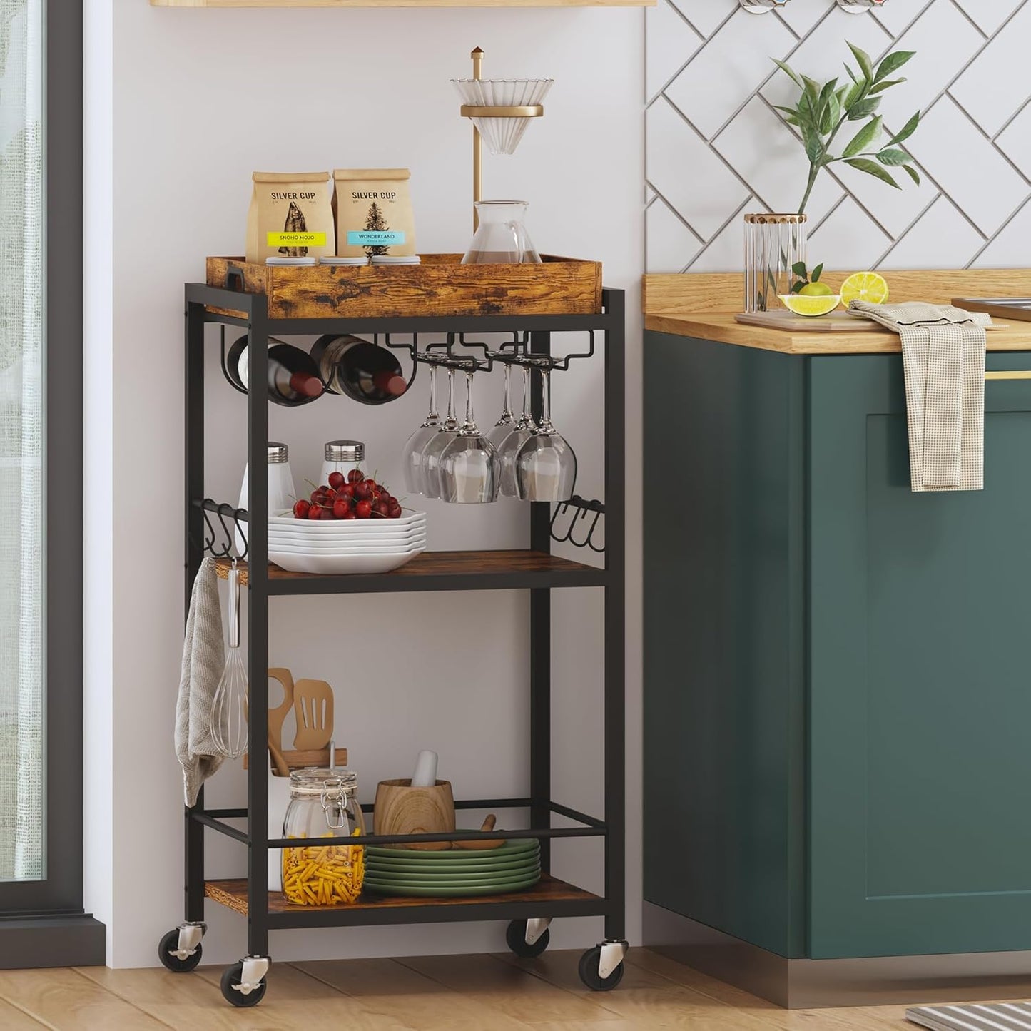 Bar Cart with Removable Tray, Home Bar Serving Cart, Drink Cart, Mobile Kitchen Shelf with Wine Rack and Glass Holder, Rolling Beverage Cart for Living Room, Kitchen, Brown BC01BB036