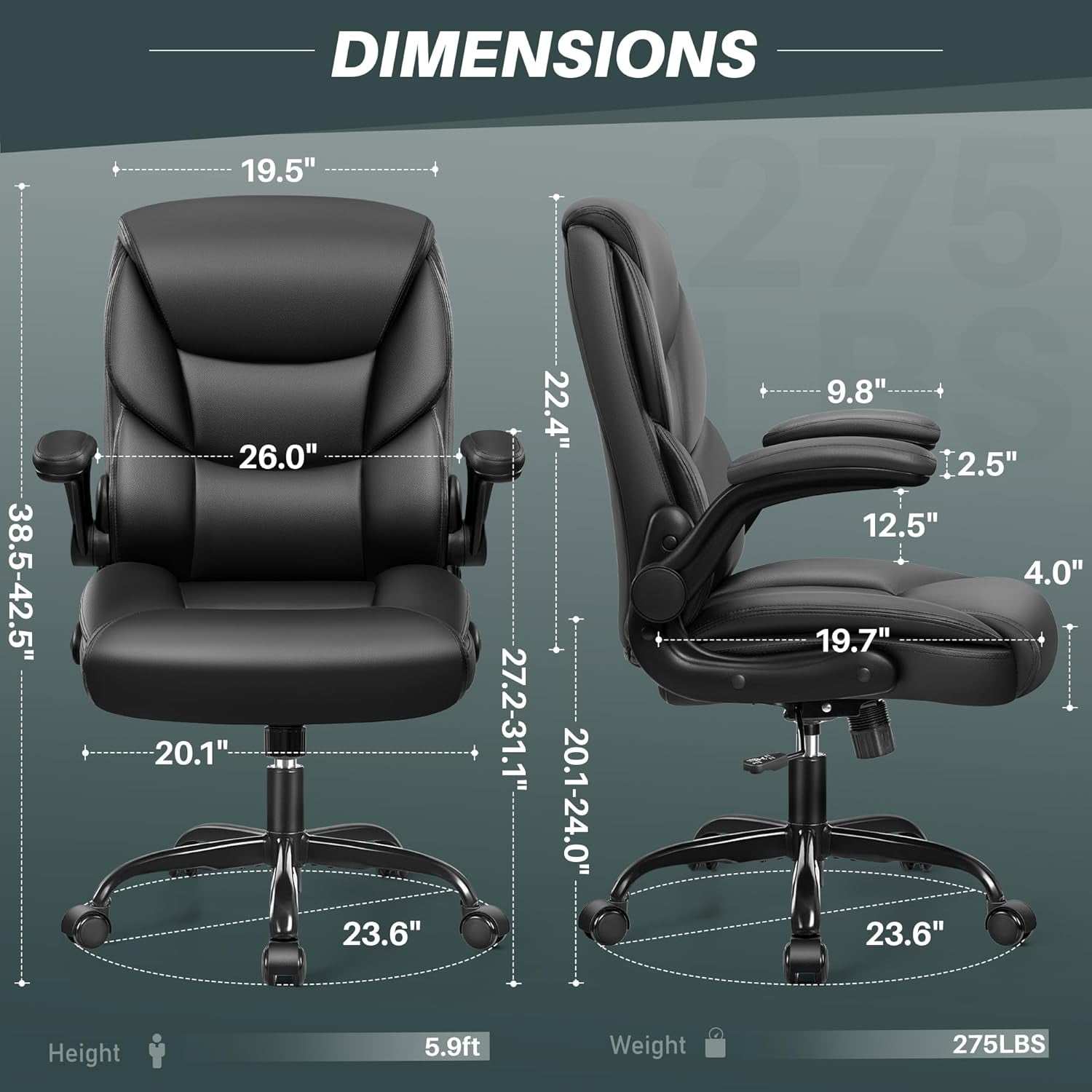 Leather Office Chair - Small PU Ergonomic Desk Chair, Comfy Computer Chair with Wheels and Flip-Up Armrests, Adjustable Height Mid Back Executive Office Chair for Short People-Black