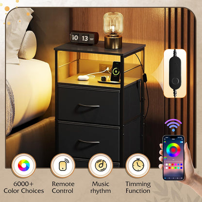Nightstand with Charging Station, 31.9" H Nightstand with 3 Fabric Drawers, LED Bedside Table with USB Ports and Outlets, End Table for Dorm, Bedroom, Entryway, Black