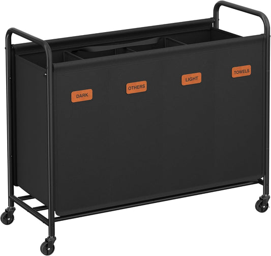 4-Section Laundry Sorter, Laundry Hamper with Wheels, Rolling Clothes Hamper Cart with Large Capacity and Removable Bags, for Laundry Room, Bedroom, Bathroom, Ink Black URLS460B01