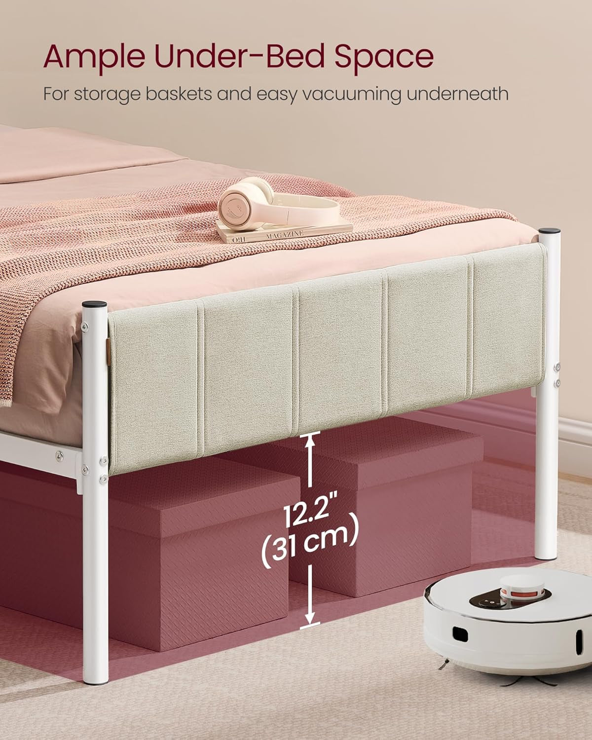 Twin Bed Frame with Upholstered Headboard, Metal Bed Frame Twin Size with Footboard, 550 Lb Weight Capacity, Steel Slats, Easy Assembly, No Box Spring Needed, Cappuccino Beige URMB983W01V1