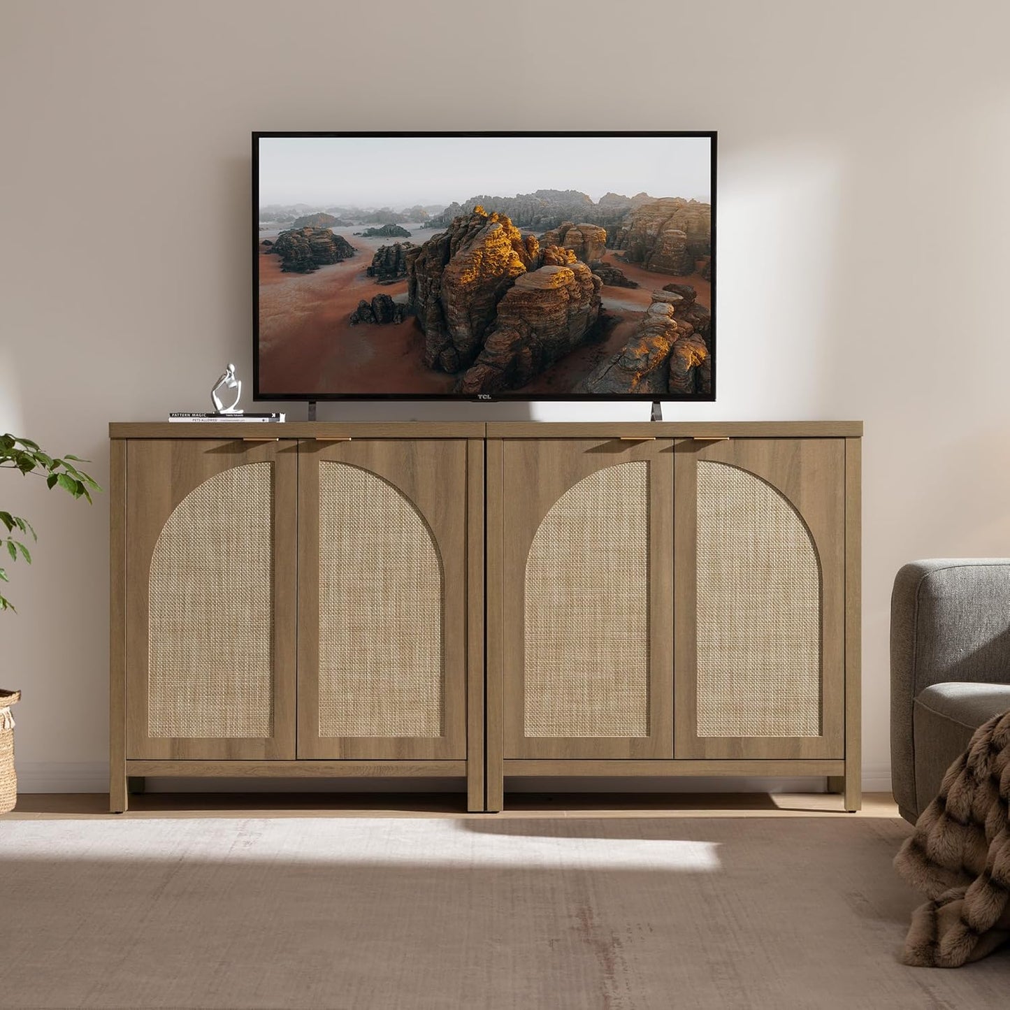 68" W Rattan Sideboard Buffet Cabinet with Storage Set of 2, Mid Century Modern Credenza with Arch Doors & Shelves Farmhouse Coffee Bar Media Console Cabinets for Living Room, Entryway