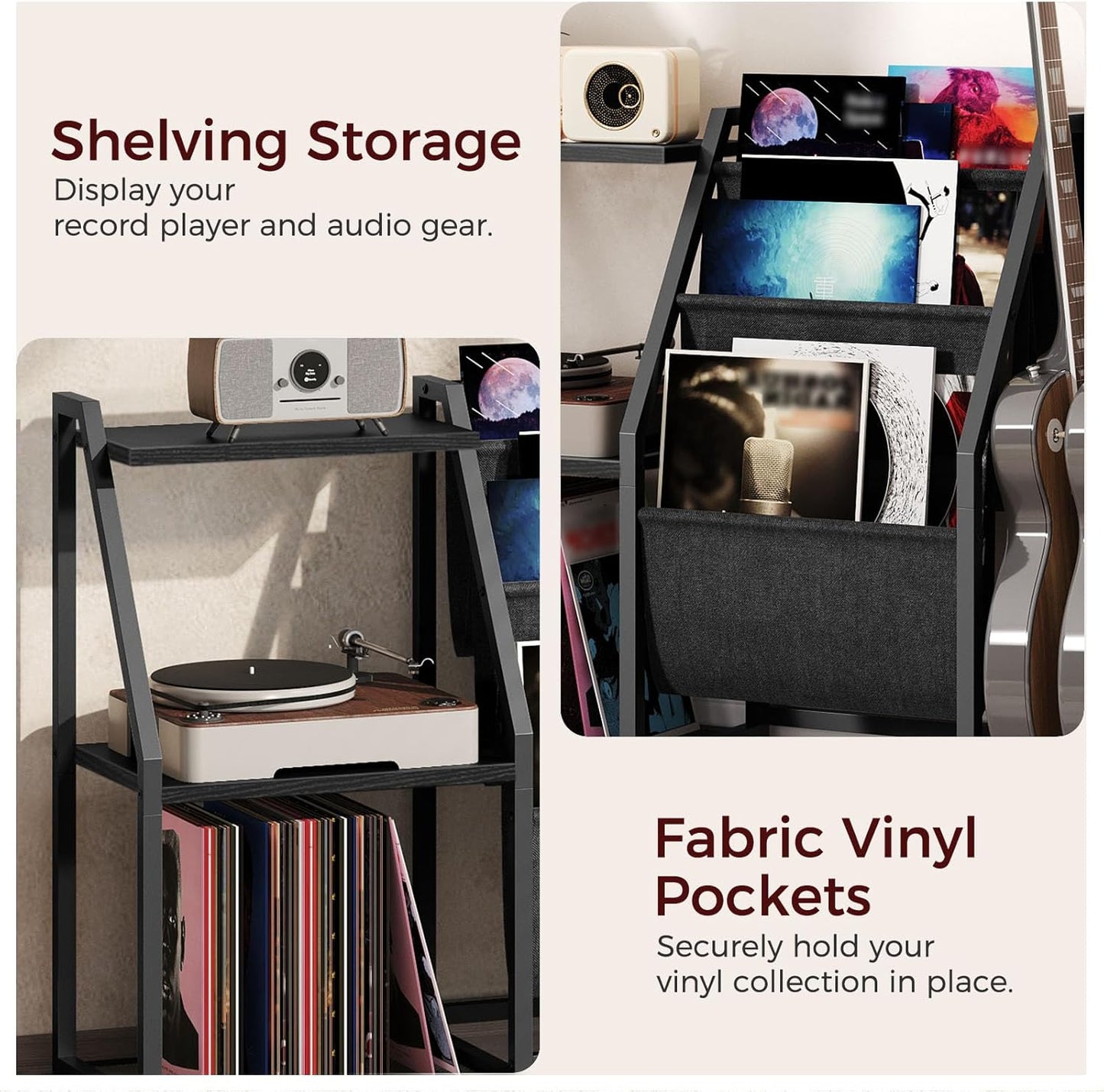 Guitar Stand, Record Player Stand with Storage, for 5 Acoustic Guitar, Bass, Electric Guitar, Ukulele, Banjo, Turntable, Vinyl Records and Amp Accessories, for Music Studios, Black
