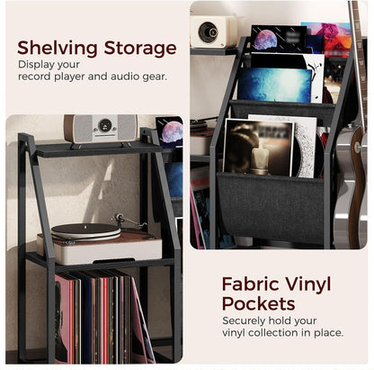 Guitar Stand, Record Player Stand with Storage, for 5 Acoustic Guitar, Bass, Electric Guitar, Ukulele, Banjo, Turntable, Vinyl Records and Amp Accessories, for Music Studios, Black